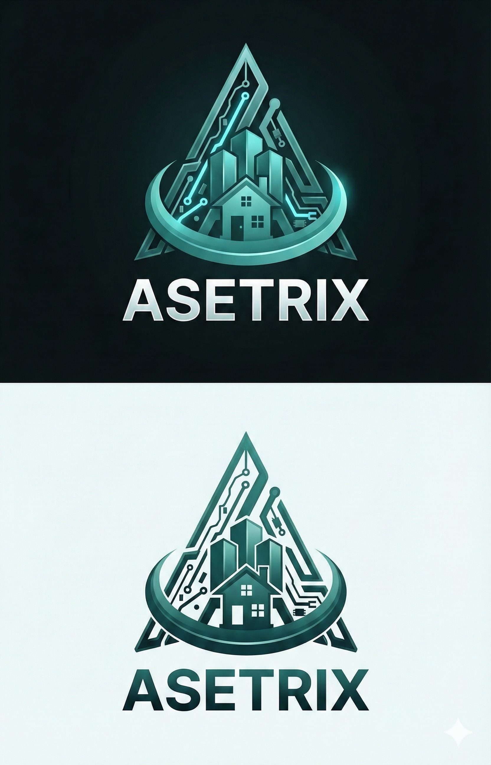 Asetrix Logo — 3D simple version, dark and light backgrounds